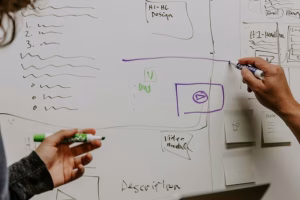 A group of people writing on a whiteboard.