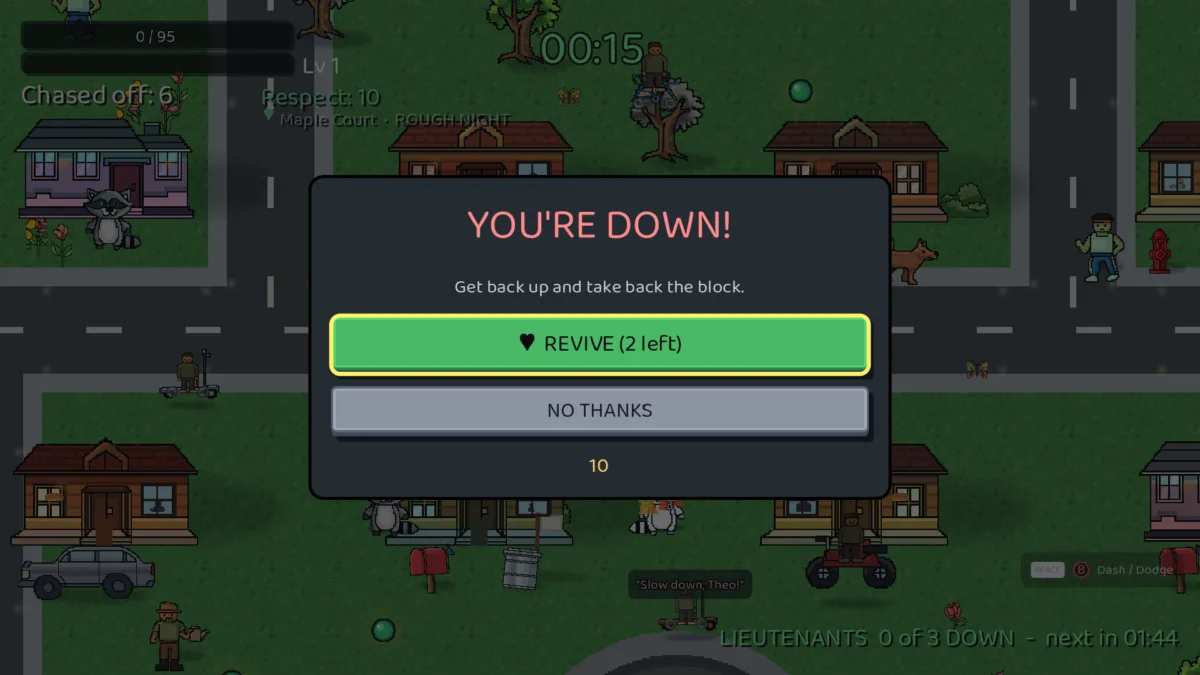 The "YOU'RE DOWN!" revive offer with a REVIVE button, a NO THANKS button and a 10 second countdown