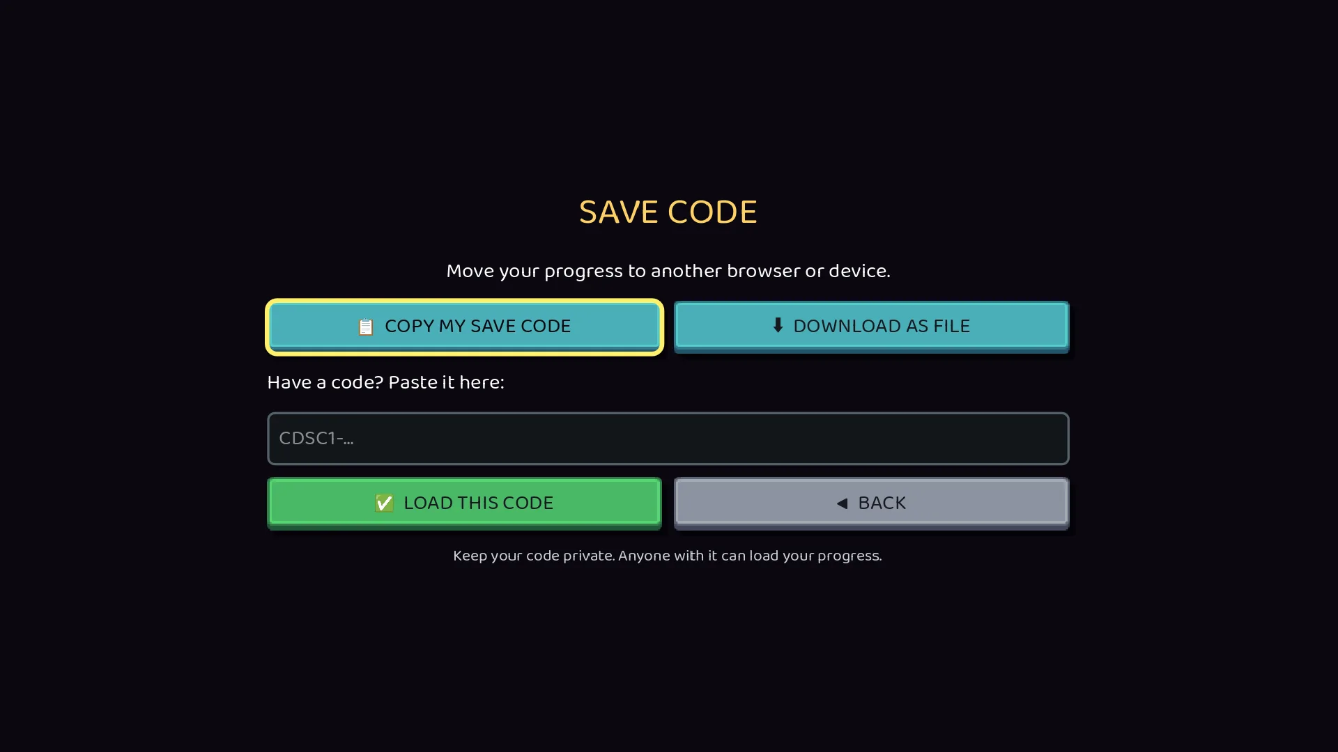 The Save Code screen with Copy, Download, Paste and Load buttons