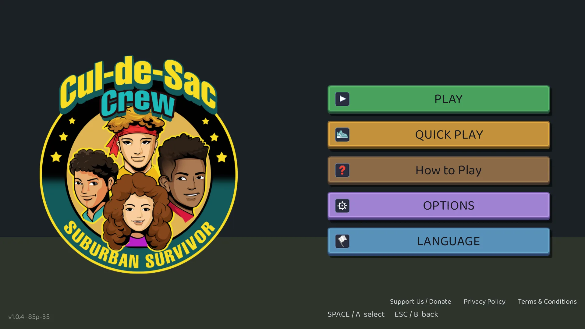 The browser version's title screen with Support Us / Donate, Privacy Policy and Terms & Conditions links